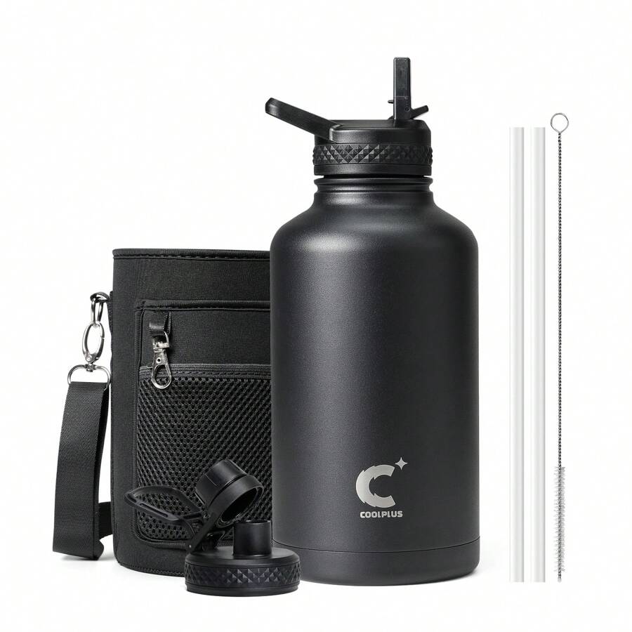 32/40/64/128oz Large Leakproof Insulated Bottle, Stainless Steel Water Flasks With Metal Double-Walled Vacuum, Keep Cold 48Hrs Hot 24Hrs, Kitchen, Room - màu đen - Xem 1