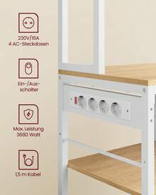 VASAGLE Küchenregal mit Steckdosen, Standregal, 40 x 100 x 180,4 cm, Backregal, verstellbare Ablagen, Stoffschublade, 12 Haken, Küche, goldeichenfarben-wolkenweiß - EU E-Typ Stecker (220-240V) - Übersicht 5