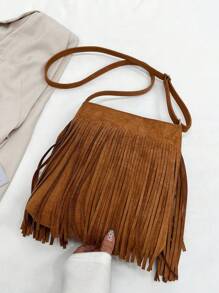 [轻质波西米亚斜挎包] 休闲流苏斜挎包，轻质波西米亚风格钱包，配有可调节肩带，纯色化纤材质，涤纶衬里，带扣闭合 - 适合任何场合的经典流苏单肩包 - 棕色 - 查看 8