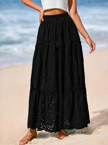 Women's Casual Lace Embroidery Eyelet Elastic High Waist Tiered A-Line Flowy Long Skirt Summer Boho Bohemian Beach Spring Holiday Vacation Going Out Valentine Long Maxi Skirt Outfits - 黑色 - 查看 3