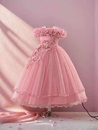 Tween Girl 淡粉色薄纱花童礼服生日公主装扮花童礼物伴娘礼服女童婚纱舞会礼服特殊场合礼服