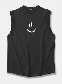 Plus Size Men's Solid Color Round Neck Casual Loose Tank Top - Black - View 3