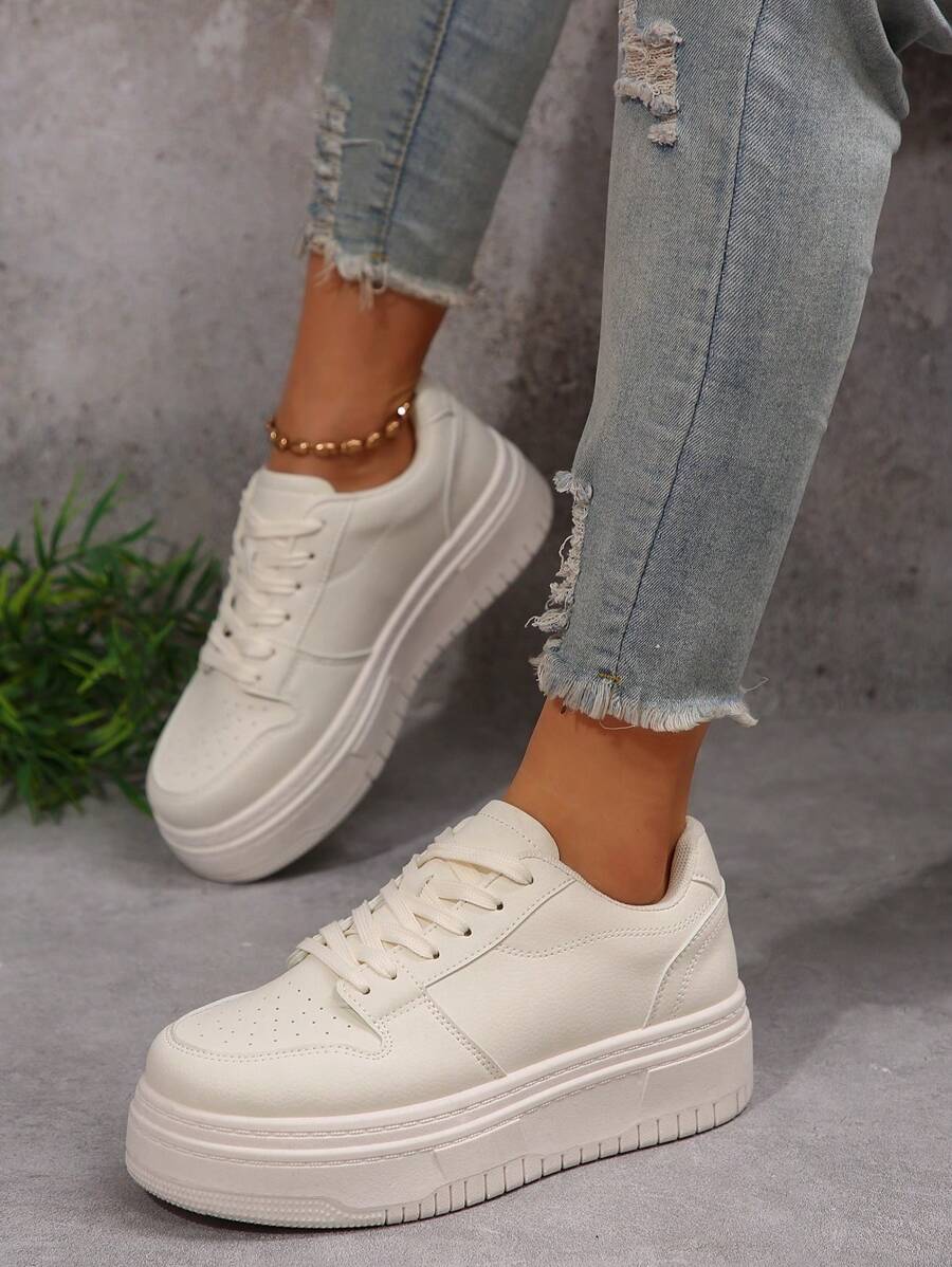 厚底白色运动鞋，2025 年春季新款软底休闲鞋 - 白色 - 查看 1