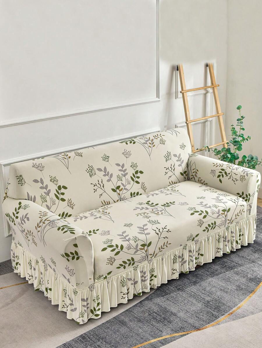 1pc Anti-Slip Elastic & Fashionable Sofa Cover, Milk Silk Printed Floral Skirt Slipcover For Single/Double/Three/Four Seater Sofa, Pet Proof, Rich Colors, All Season