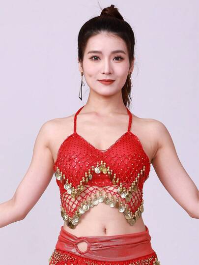 Women's Belly Dance Bra Tops /Arabic/Thai Stage Dance Costume Sequin Belly Dance Bra Tassel Triangle Performance Party Suspender Beach V-Neck Shorts (Built-In Bra Pad Not Removable)