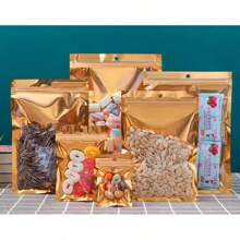 100 个金色单面透明塑料拉链袋可重复使用,用于零食、咖啡、坚果、糖果、香料、干果、卡片、水晶等食品包装袋,带挂孔,可密封,适用于节日、庆典、生日、婚礼、派对、礼品包装 - 金色 - 查看 7