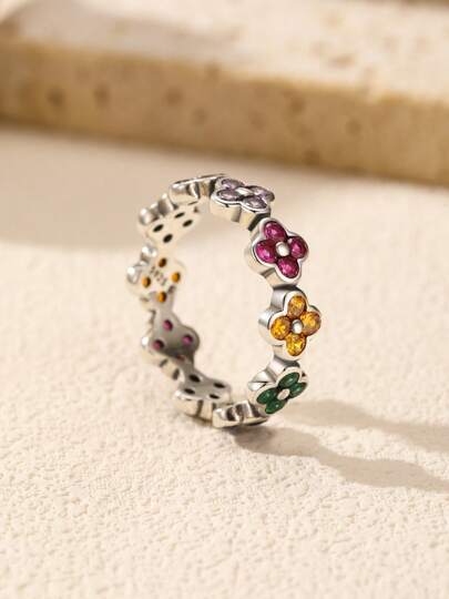  MODIAN 925 Sterling Silver Colorful Zirconia Lucky Four-Leaf Clover Fashion Ring, Exquisite Jewelry For Women