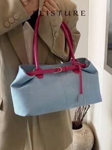 FEISTURE 1 件春夏时尚拼布牛仔手提包，大容量单肩包，带磁性按扣，适合女孩、女士、大学生、年轻专业人士，非常适合工作、商务、通勤、学校 - 淺藍色 - 查看 7