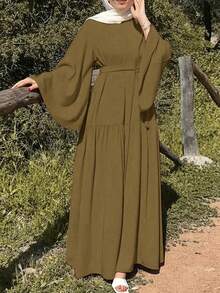 Women's Elegant Solid Color Bell Sleeve Dress, Spring/Summer - Dark Brown - View 3