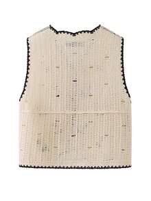 Women's Fashionable Retro Black & White Button-Up Knit Vest - Beige - View 4