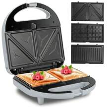 1 pieza Máquina 3-en-1 para hacer sándwiches/waffles/panini, electrodoméstico multifunción para el desayuno, 750W, revestimiento antiadherente, calentamiento uniforme de doble cara, placas extraíbles, mangos de tacto frío, almacenamiento vertical, color gris plata - Ver 2