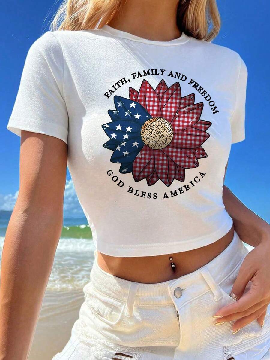 短款上衣，美国国旗和花朵图案短款紧身 T 恤，向日葵图案，爱国上帝保佑美国，适合所有年龄段，休闲、派对、全年旅行 - 白色 - 查看 1