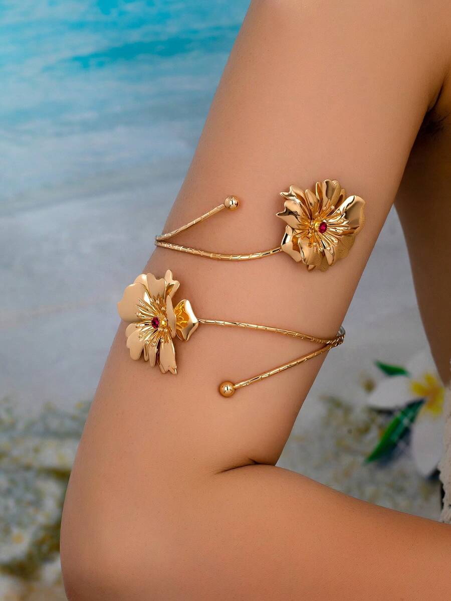 1pc Fashionable Unique Flower Inlaid Arm Band Cuff, Suitable For Women Vacation Wear - Golden - View 1