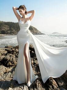 New Arrival Women Solid Color Minimalana Sexy Spaghetti Strap High Slit Beach Dress, White Elegant Bridal Shower Dress & Wedding Dress - White - View 4