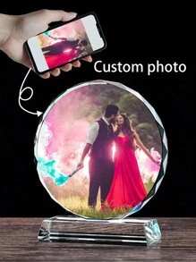 1 Customized Crystal Trophy Award Plaque Frame, Personalized Round Glass Photo Album For Office And Home Decor, Acrylic Tabletop Decoration, Pet Memorial, Ideal For Wedding, Graduation, Valentine's Day, Mother's Day, Thanksgiving, Teacher's Day, Father's Day Gifts