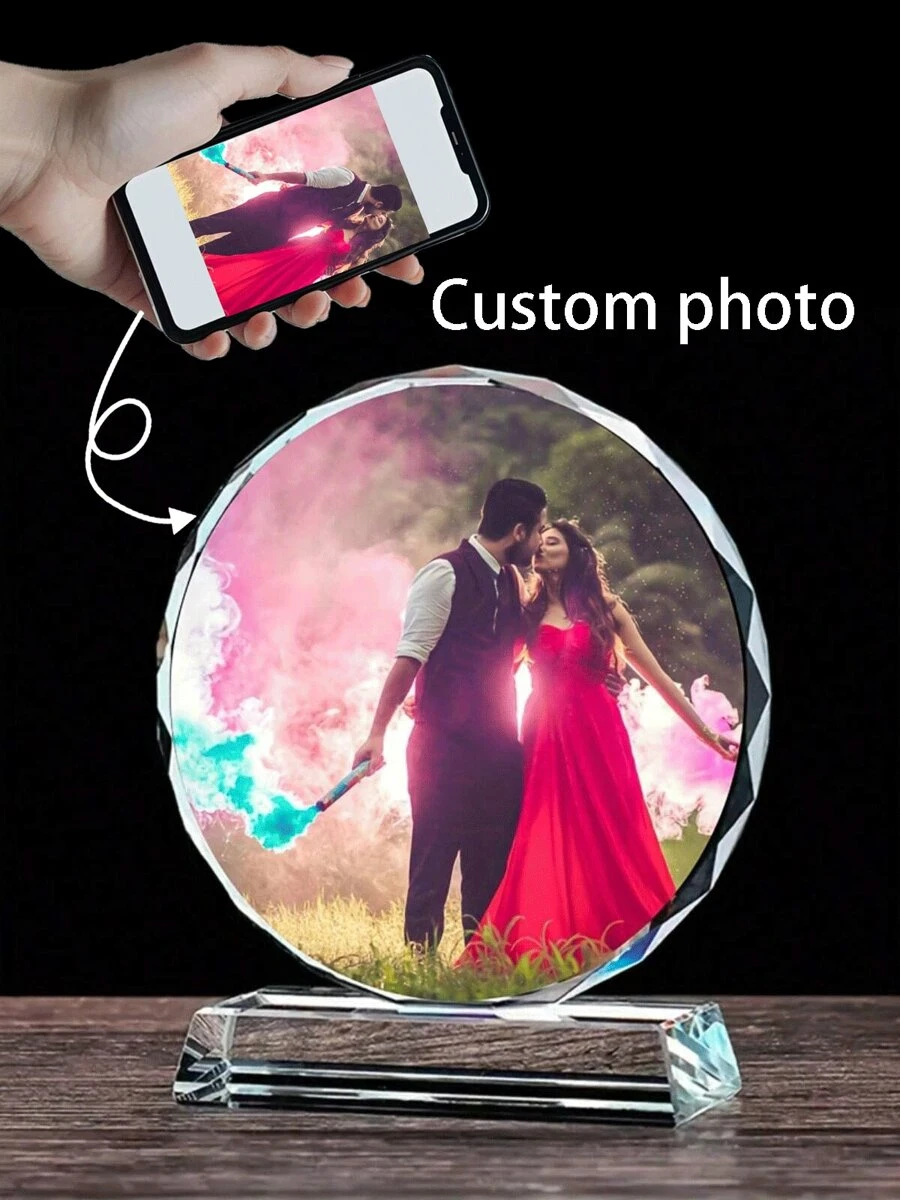 1 Customized Crystal Trophy Award Plaque Frame, Personalized Round Glass Photo Album For Office And Home Decor, Acrylic Tabletop Decoration, Pet Memorial, Ideal For Wedding, Graduation, Valentine's Day, Mother's Day, Thanksgiving, Teacher's Day, Father's Day Gifts