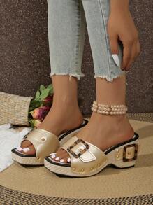 Thick Sole Platform Rivet Sandals, Fashion Summer Sandals, Comfortable Versatile High Heel Sandals, Women 42 Size Wedge Sandals - Gold - View 1