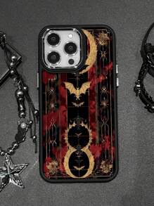 1pc Gothic Style Metal Frame Shock-Resistant Phone Case, Color Blocking Bat & Crescent Moon Floral Print, Compatible With Iphone 7/X/11/12/13/14/15/16/16Pro/16ProMax Series