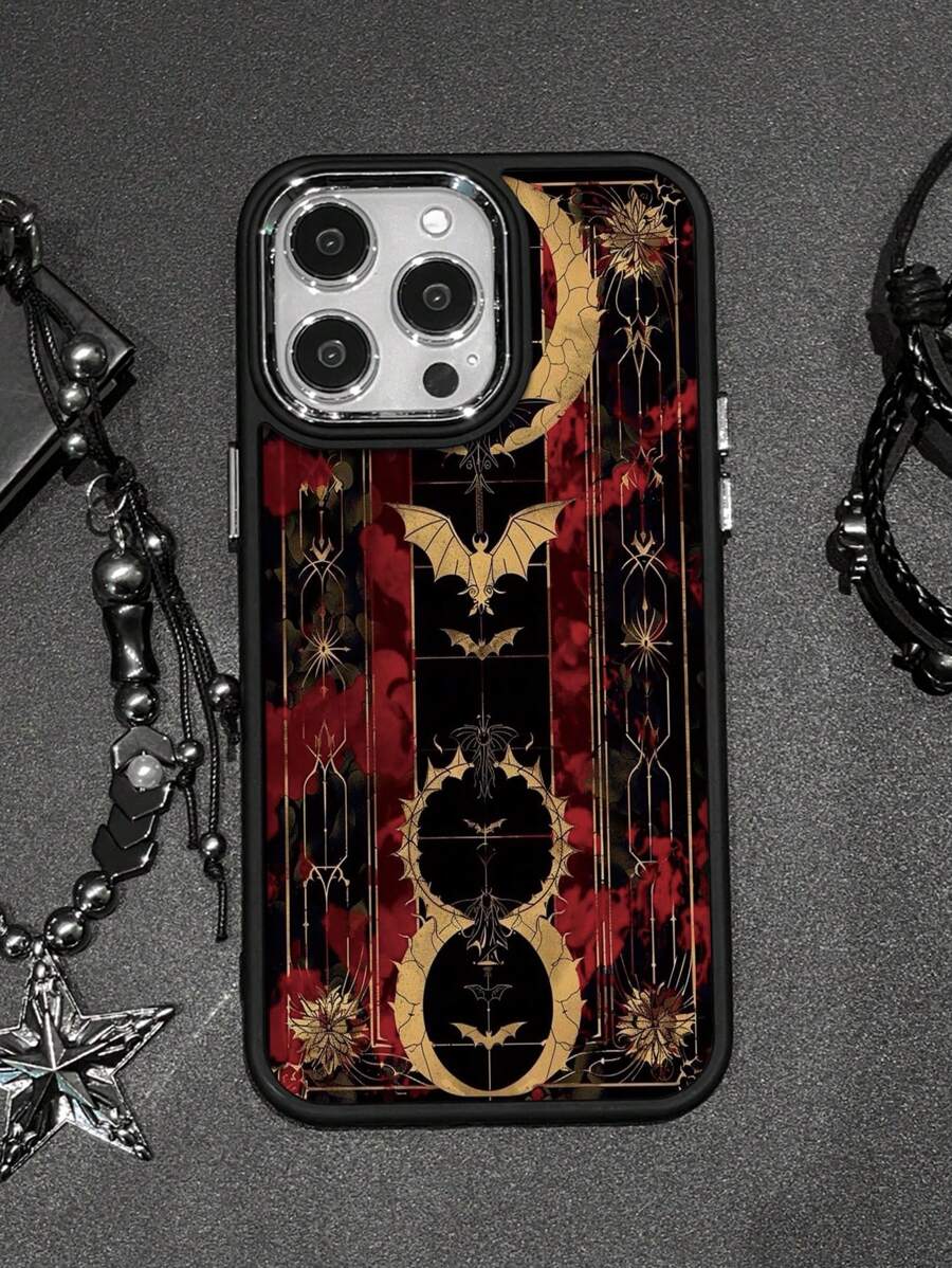 1pc Gothic Style Metal Frame Shock-Resistant Phone Case, Color Blocking Bat & Crescent Moon Floral Print, Compatible With Iphone 7/X/11/12/13/14/15/16/16Pro/16ProMax Series