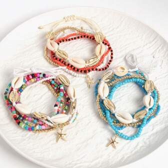 Tobillera bohemia de varias capas con cuentas de concha y colgante de estrella de mar estilo playa