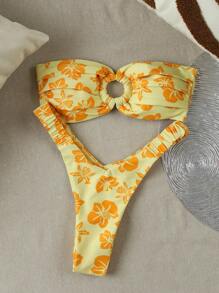 Women's Floral Print Ruched Bandeau Bikini Set, Fashionable Resort Wear - Multicolor - View 1