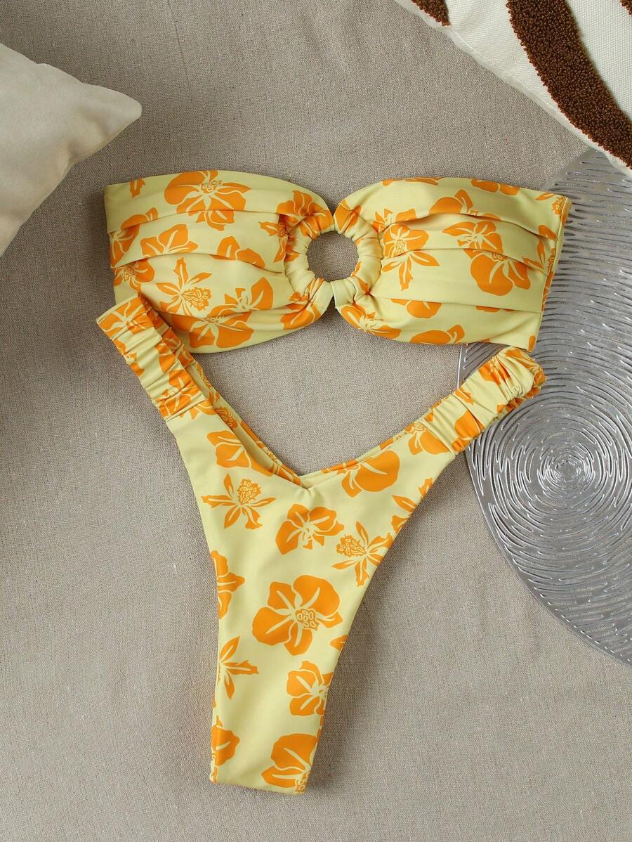 Women's Floral Print Ruched Bandeau Bikini Set, Fashionable Resort Wear - Multicolor - View 1