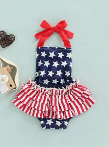 Stylish Baby Romper For Independence Day: Stars  Stripes Print, Sleeveless Halter Strap, Square Neck  Lace Panel Jumpsuit - Perfect For Celebrations