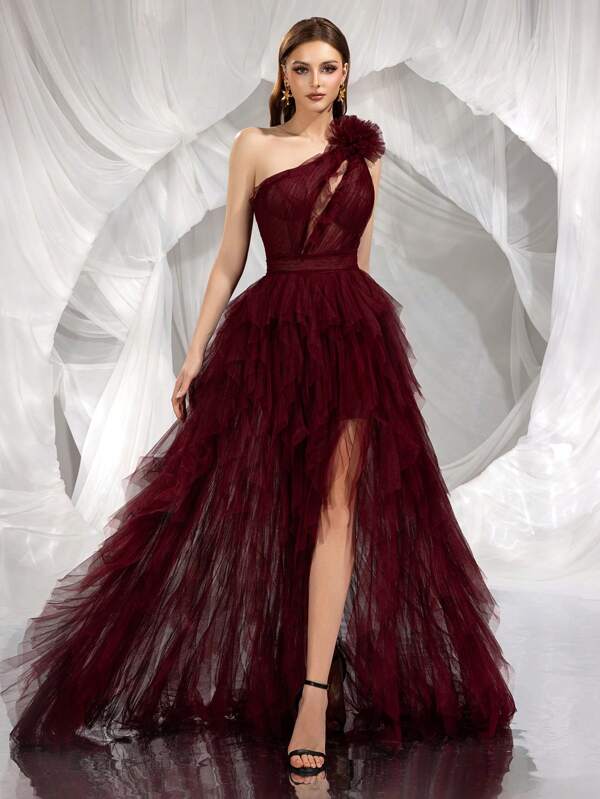 Elegant Sleeveless Asymmetric Neckline Long Formal Gown, Alluring Ruffle Slit Mesh Fabric Dress With Sheer Details