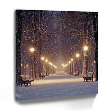 1 Pc, Framed Canvas Wall Art. A Snowy Night Scene In The Park, Art Printed Canvas Poster. Ideal Gift For Bedroom, Living Room, Hallway, Kitchen, Bathroom, Cafe, Bar Dormitory Wall Decoration. Home Decoration Festivals 1