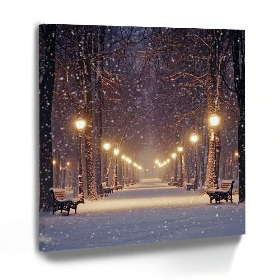 1 Pc, Framed Canvas Wall Art. A Snowy Night Scene In The Park, Art Printed Canvas Poster. Ideal Gift For Bedroom, Living Room, Hallway, Kitchen, Bathroom, Cafe, Bar Dormitory Wall Decoration. Home Decoration Festivals 1
