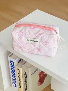 1 Piece Pink Ribbon Bow Storage Bag, Korean Style Sweet Girl Student, Large Capacity Toiletry Bag, Pillow-Shaped Quilted Clutch Bag, Fashion And Cute Makeup Bag That Can Hold Mobile Phone Data Cables, Bluetooth Headsets, Cosmetics And Change Travel Essentials Travel Accessories Travel Must Haves Holiday Essentials Holiday Travel Bag - Pink - View 10