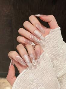 10pcs Rhombus French Pearl Pink Cat Eye Bow Handmade Nails Acrylic Press On Nails Spring Summer Nails Glitter Rhinestone Decoration Short Coffin/Extra Long Oval French Fake Nails Full Cover Nail Tips With Jelly Glue And Nail File, DIY Nail Art Supplies