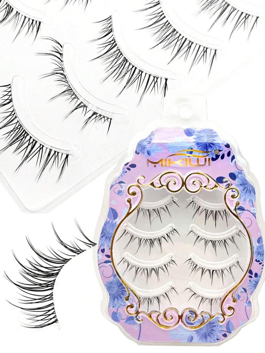 4 pairs Manga Lashes, Clear Band Anime Lashes 4 Pack, Spiky Anime False Eyelashes Natural Look, Lashes Looks Like Cluster Manga Lashes Individual, Cosplay Wispy Strip Eyelashes - Black - View 1