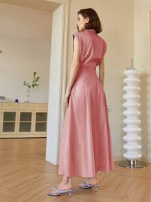 Đầm midi không tay màu trơn thanh lịch dành cho nữ, đầm cổ bẻ kiểu quý tộc cổ điển, đầm xuân hè, đầm hè cho nữ, đầm tốt nghiệp, đầm dạ hội, đầm công sở màu hồng. - Hồng - Xem 2