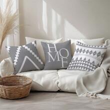 4 件简约灰白几何“家”装饰枕套，单面印花毛绒面料，45*45/50*50/40*40 厘米靠垫套适用于现代客厅沙发装饰、礼物、派对装饰 - 彩色 - 查看 8