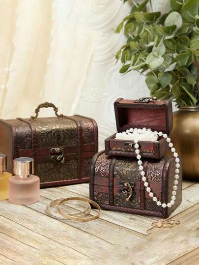 3-Set Small Wooden Chest Boxes With Flower Motifs, Decorative Vintage Style Trunks For Jewelry Keepsakes, Coin Collection, And Home Decor (3 Assorted Sizes) Travel Storage Organizer Back To School