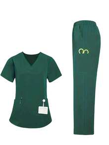 Women's Solid Color V-Neck Short Sleeve Pocket Top And Pants Uniform Set - Green - View 2
