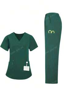 Ensemble uniforme femme top à poche à manches courtes et col en V de couleur unie et pantalon