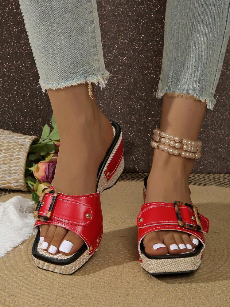 Thick Sole Platform Studded Sandals, Fashion Summer Comfortable Versatile High Heel Sandals For Women, Size 42 - Burgundy - View 5