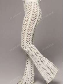 Summer New Women's Solid Color Summer Beach Hollow Out Tie Front Cover Up White Flared Pants,Without Bikini Pants