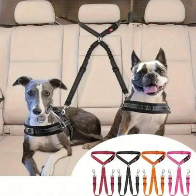 Nylon Double Dog Vehicle Harnesses With Adjustable Elastic Buffer Leash, No-Tangle Dual Pet Car Headrest Restraint Seat Belts For Two Dogs, Hand Wash Only