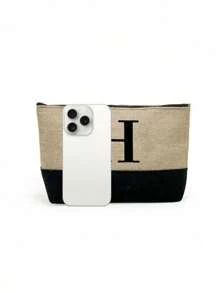 1pc Initials Printed Patchwork Women's Handbag, Makeup Bag, Teacher's Day Gift, Reusable Handbag, Women's Simple And Large Capacity Travel Makeup Bag, Multi-Functional Portable Women's Gift, Portable Leisure Storage Bag