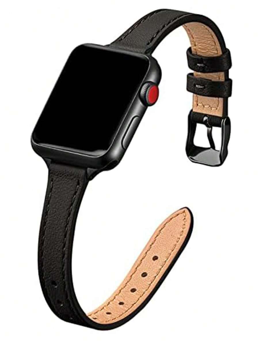 1 条女士皮革表带，兼容 Apple Watch Ultra/Se/8/7/6/5/4/3/2/1 表带，细腰设计，尺寸 38/40/41/42/44/45/49 毫米 - 黑色+黑色 - 查看 1