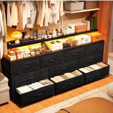 EnHomee 55" W Dresser For Bedroom With 10 Drawers, Long Dresser With LED Lights & Power Outlets, Wide Dressers & Chests Of Drawers, Dresser Metal Frame, Wood Top, Black, Room Decor, Home Decor - Xem 1