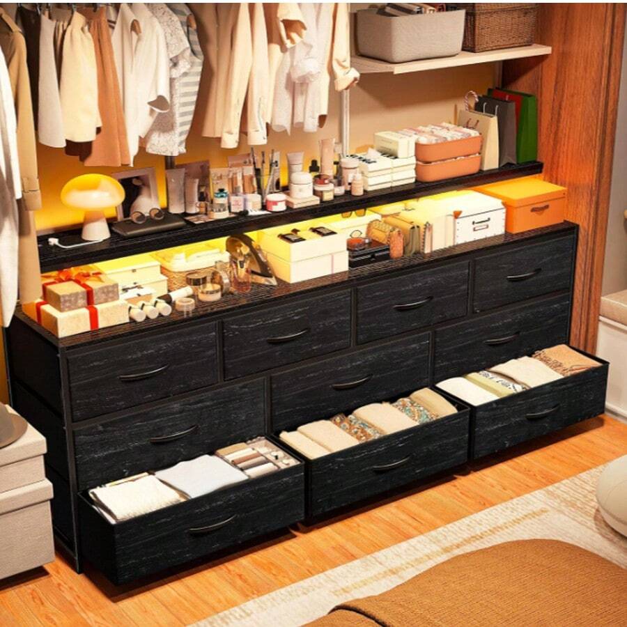 EnHomee 55" W Dresser For Bedroom With 10 Drawers, Long Dresser With LED Lights & Power Outlets, Wide Dressers & Chests Of Drawers, Dresser Metal Frame, Wood Top, Black, Room Decor, Home Decor - Xem 1