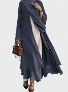 1pc Solid Color Loose Chiffon Muslim Abaya Open Cardigan, Elegant And Versatile Plus Size For Daily Wear,Modest - Grey - View 7