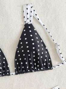 Nuovo set di bikini da donna con vita alta, in stile casuale a pois bianchi e neri, con spalline regolabili e laccetti sulla schiena