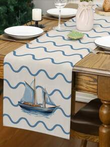 1 件夏季海滩帆船图案桌旗，现代度假风格装饰，适合日常家居厨房装饰、室内/室外派对装饰