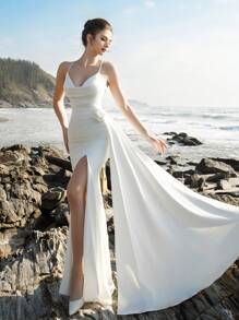 New Arrival Women Solid Color Minimalana Sexy Spaghetti Strap High Slit Beach Dress, White Elegant Bridal Shower Dress & Wedding Dress - White - View 5