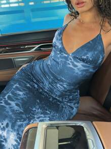 Women's Summer Spaghetti Strap V-Neck Backless Tie Wrap Dress - Blue - View 6